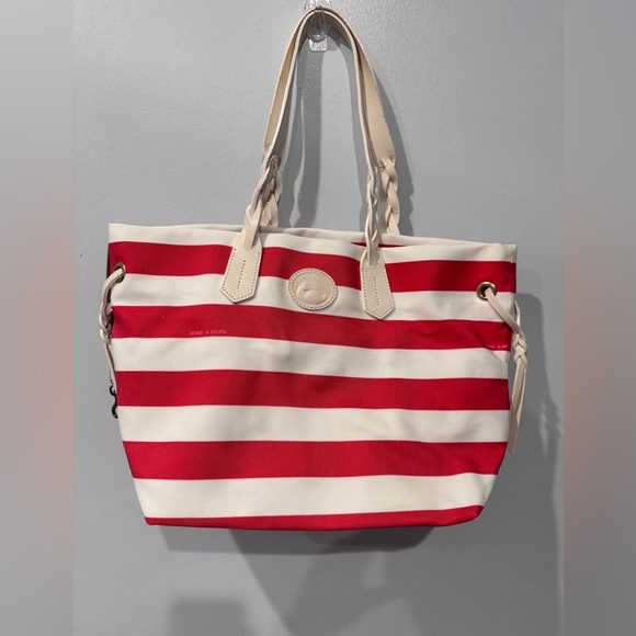 Dooney Bourke Sullivan Red White Striped Zip Tote Shoulder Bag Nylon 16" - Picture 3 of 11